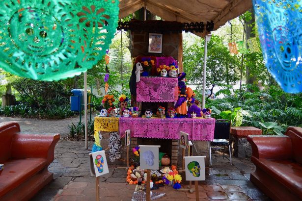 Day of the Dead Montreal: a traditional ofrenda altar with marigolds, candles and photos