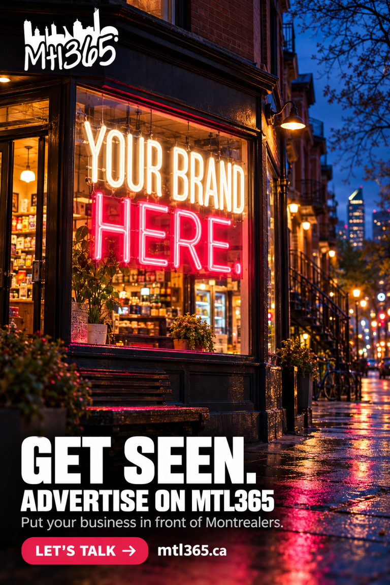 Get seen – advertise on MTL365. Neon Your Brand Here sign in a Montreal shop window