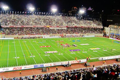 Fans gather for a Montreal Alouettes football night in downtown Montreal