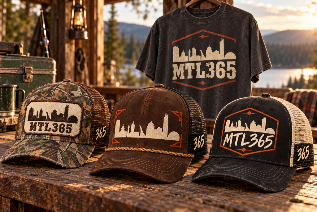 MTL365 trucker caps and t-shirt with Montreal skyline logo