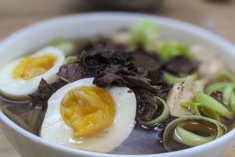 A steaming bowl of ramen