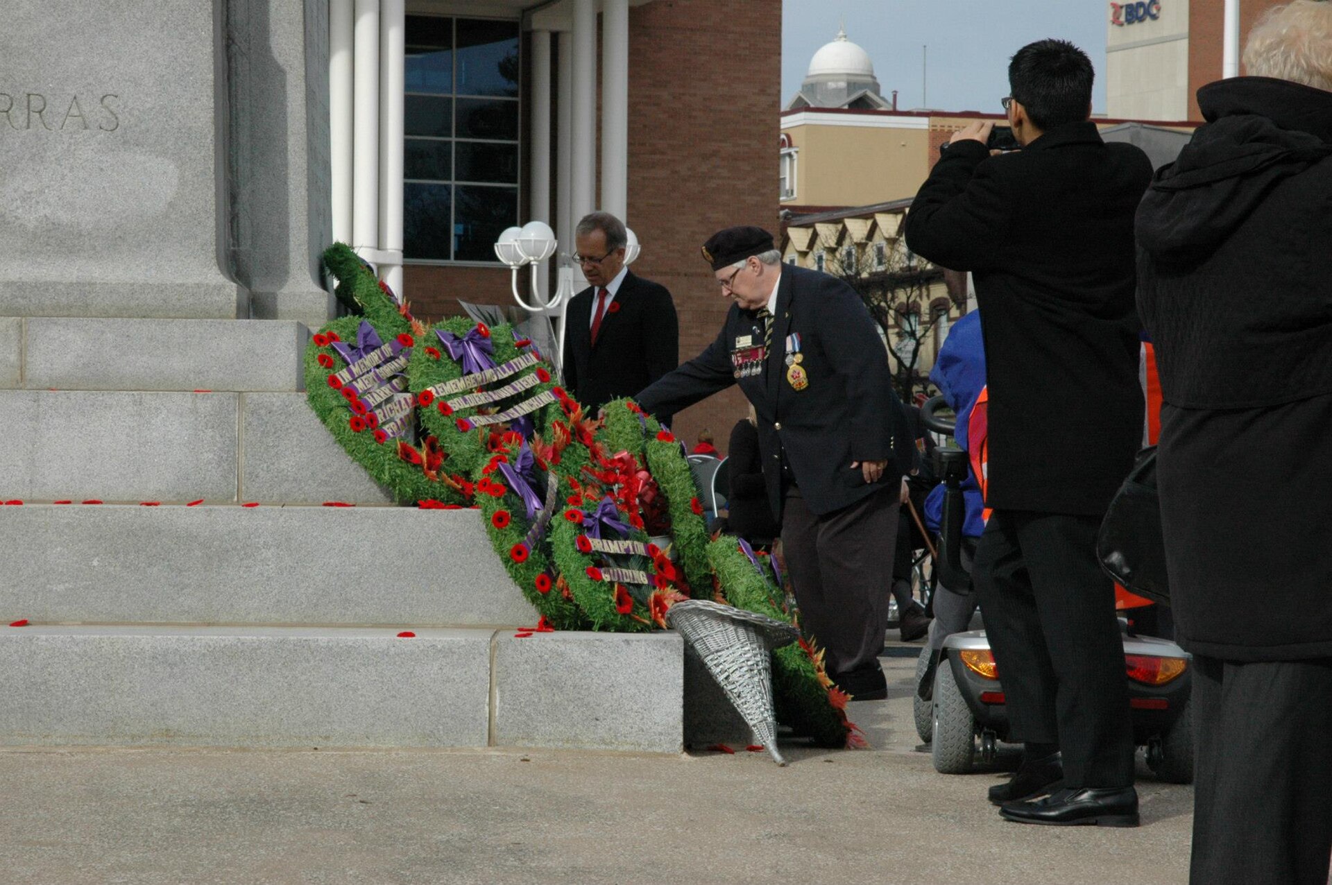A poppy placed on a cenotaph, a tradition for Remembrance Day in Montreal and across Canada