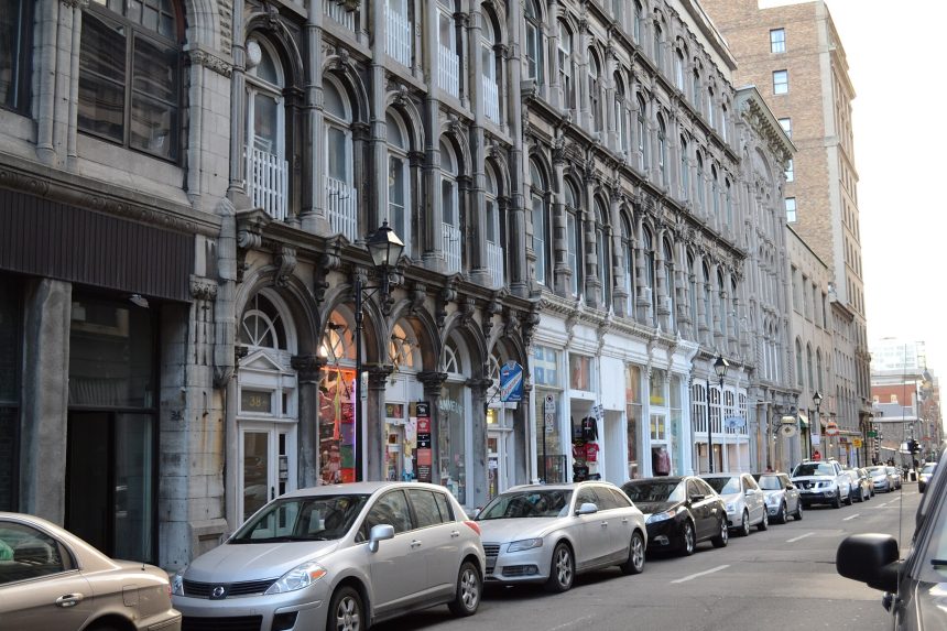 Restaurants and historic buildings along Rue Saint-Paul in Old Montreal